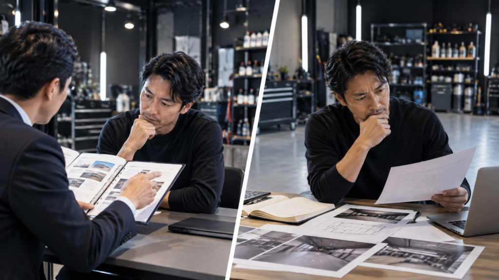 フランチャイズ開業について説明を受けている人と、自分で設計している人のイメージ